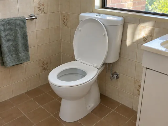 Clean white toilet in a tiled bathroom beside a window and vanity in Cranebrook