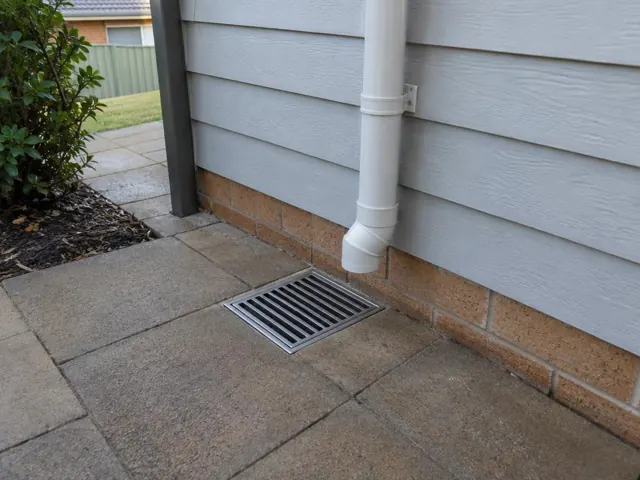 Outdoor gully grate beside house wall and paving in Cambridge Park